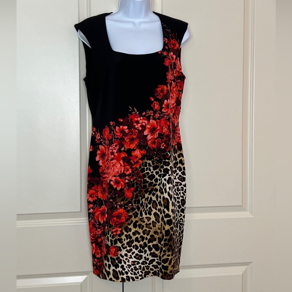 Cache Sleeveless Black, Leopard & Red Rose Print Short Dress Size L (Large). NWT